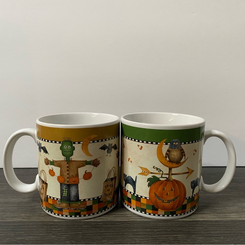 2 Vintage Debbie Mumm Halloween Coffee Mug Lot Sakura 1998 Frankenstein & Owl